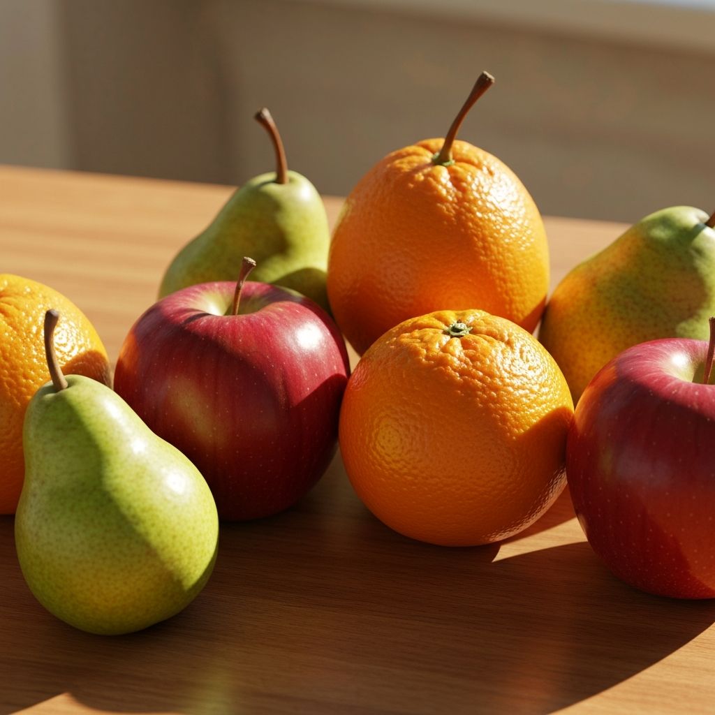 Svježe voće na drvenom stolu u mekanoj prirodnoj svjetlosti